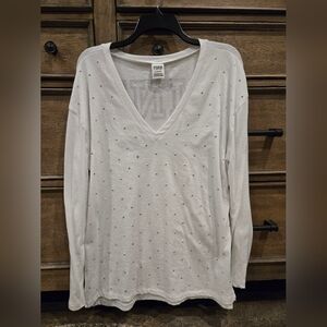 PINK Victoria's Secret Bling White Studded Long Sleeve V-Neck Tee, Large